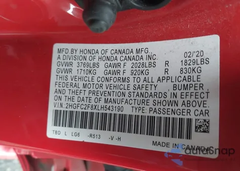 2020 Honda Civic Sport from USA, damaged, VIN 2HGFC2F8XLH543190